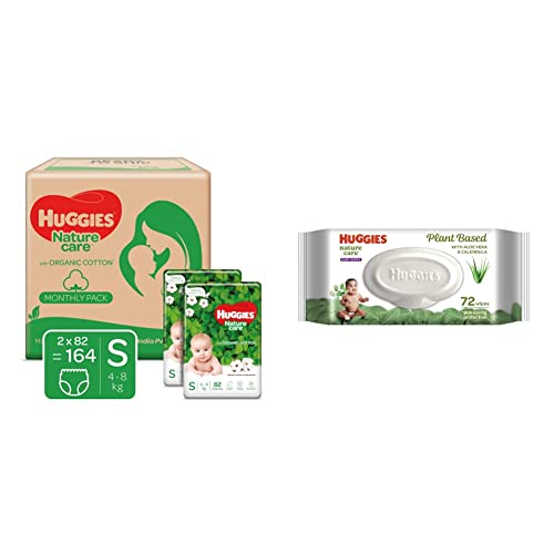 Image of Huggies Nature Care Pants, Monthly Pack, Small Size Diaper Pants, 164 Count & Huggies Baby Wipes - Cucumber & Aloe (72 Count)