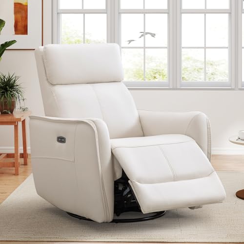 ANJ Swivel Recliner Chair, Glider Rocker Recliners for Nursery, Power Rocker Reclining Chair with USB Port, Upholstered Leathaire Electric Rocking Chairs for Living Room, Bedroom, Cream White