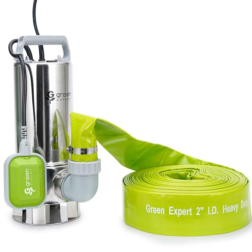 Green Expert Water Draining Kit, Includes Powerful 1.5HP Submersible Sump Pump and a 2 inch ID discharge hose 50FT Length, Quickly Removes Water Flooding from House Pools, Easy to Use