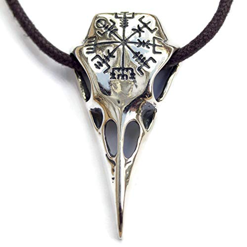 Raven Skull Necklace with Viking Compass Vegvisir Pendant Bird Crow Odin Norse Animal Ancient Protection Amulet Talisman Nordic Goth Jewelry for Men Women
