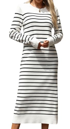 Women's Striped Sweater Dress Long Sleeve Crew Neck Jumper Pullover Dress Casual Knit Sweaters Maxi Dresses