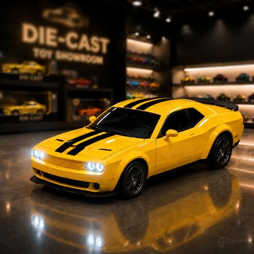 Image of GRAPHENE 1:32 Scale Challenger Style Die Cast Muscle Sports Car Toy Metal Alloy Pull Back with Openable Doors Light & Sound Miniature Pull Back Racing Vehicle for Kids Boys Girls Age+3 (Yellow)