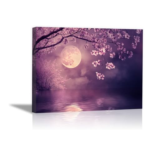 Tableau sur toile lac fleuri cerisier lune paysage nuit 30x45cm encadré