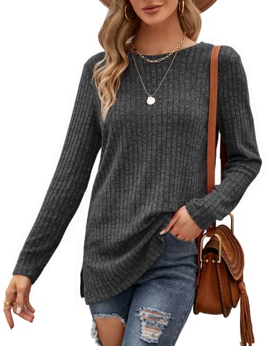 Odosalii Damen Herbst Dünner Strickpullover Elegant Rundhals Ausschnitt Oberteile Oversize Pullover Casual Frühling Langarmshirt Tunika Longpullover Pulli Sweatshirt