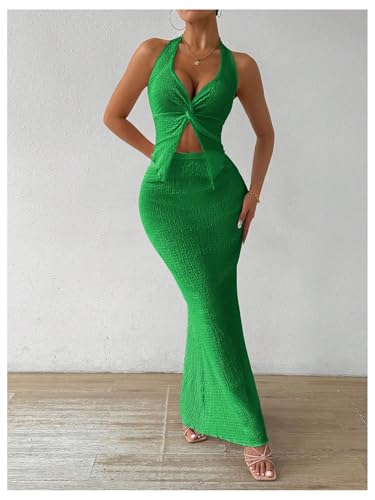 Image of SOLY HUX Women's Two Piece Outfits Twist Front Halter Cami Tops and Skirt Summer Set
