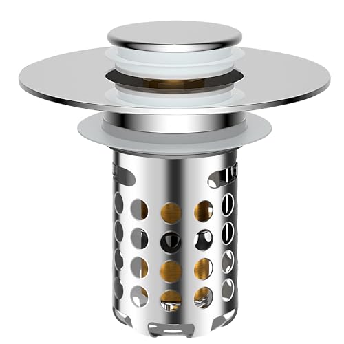 Bathroom Sink Stopper with Pop Up Design, Universal Sink Drain Strainer with Removable Stainless...