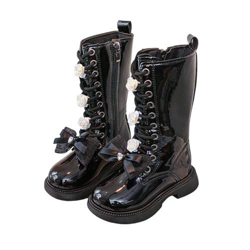 Girls Boots Winter Lace Up Side Zipper PU Leather Riding Boots with Bowknot Fashion Kids Mid Calf Waterproof Boot