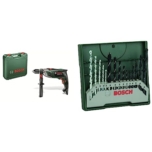 Bosch Schlagbohrmaschine AdvancedImpact 900 (Zusatzhandgriff, Tiefenanschlag, Koffer, 900 Watt) & 15tlg. Mini-X-Line Spiralbohrer Mixed-Set (Holz, Stein und Metall, Zubehör Bohrmaschine)