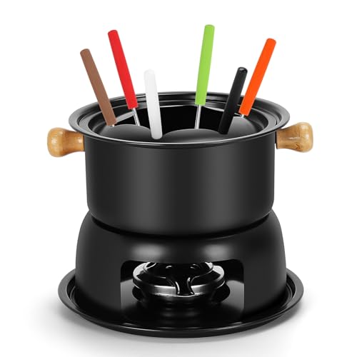 Cast Iron Cheese Fondue Pot Set Cheese Chocolate Fondue Pot with 6 Color Forks Camping Fondue Set French Fondue Kit for 4-6 People Black