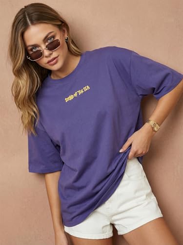 Image of JUNEBERRY Women's Pure Cotton Drop Shoulder Printed T-Shirt | Oversized Baggy Fit Half Sleeve Round Neck Graphic Tee (S-XXL)