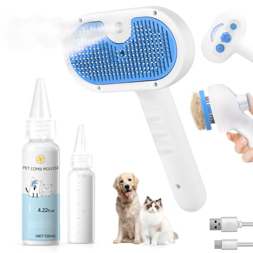 Image of Pet Steam Brush for Dogs & Cats, 3-in-1 Shedding Grooming Tool | Self Cleaning Spray Comb with Mist, Dog Brush for Shedding, Cat Brush for Hair Removal, Long Haired Pet, Waterless Shampoo