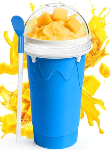Image of FANS-ONE 500ML Slushie Cup, DIY Magic Slushy Maker Cup, Cool Stuff Things Gadgets for Juices Milk Ice Cream Make, Quick Frozen Squeeze Slushy Cups with Lids & Straw for Teens Kids Family, Blue