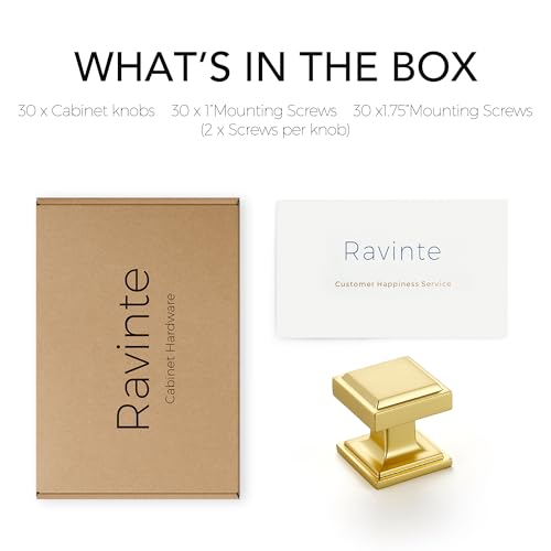 Image of Ravinte 30 Pack Brushed Gold Square Kitchen Cabinet Knobs,Zinc Solid Drawer Pulls,Farmouse Cabinet Handles for Cupboard, Closet, Dresser and Bathroom, Modern Cabinet Hardware for Cabinets