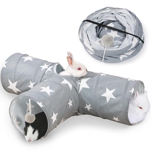 JanYoo Bunny Tunnel 3 voies pour lapin et cochon d'Inde - Tunnel de jeu pliable pour petits animaux - Jouet d'activité pour petits animaux