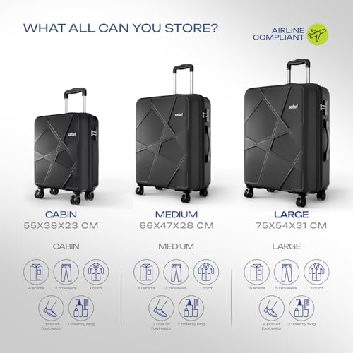 Image of Safari Pentagon Pro 8 Wheels Set of 3 (Cabin+ Medium + Large) Trolley Bags, Hard Case Polypropylene, 360º Wheeling Luggage, Suitcase for Travel, Trolley Bags for Travel, Black