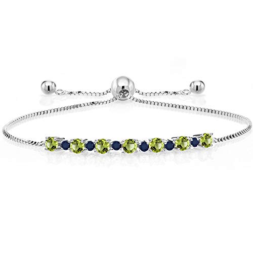 Gem Stone King 925 Sterling Silver Round Green Peridot and Blue Sapphire Tennis Bracelet for Women | 1.02 Cttw | Adjustable Bolo Bracelet For Women | Easy-On Easy-Off