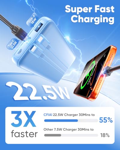 Image of Portable Charger Power Bank - Slim 15000mAh 50% Larger Capacity Battery Pack, USB C 22.5W Fast Charging Powerbank with Built-in Cable, Travel Essential Phone Charger for iPhone Android, Glacier blue