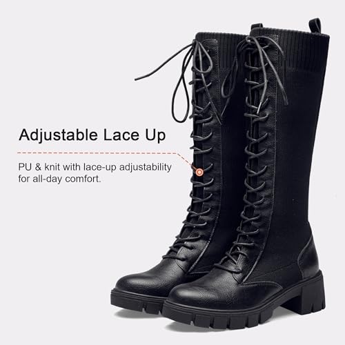 Image of Vepose Women's 953 Knee High Combat Boots Chunky Platform Heel, Lace Up Gothic Punk Work Boots for Dresses and Jeans