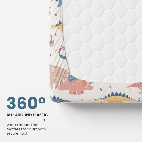 Image of LORETO - A QUALITY LINEN BRAND 144 TC 100% Pure Cotton Single Fitted Bedsheet with 1 Pillow Cover for 72 x 36 Inch Mattress, All-Around Elastic, 8 Inch Deep Pocket, Coral Blue Dino Party