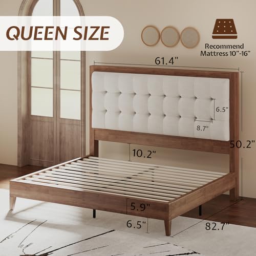 Image of Jocisland Queen Bed Frame Solid Wood,50 inch Tall Upholstered Headboard,Walnut