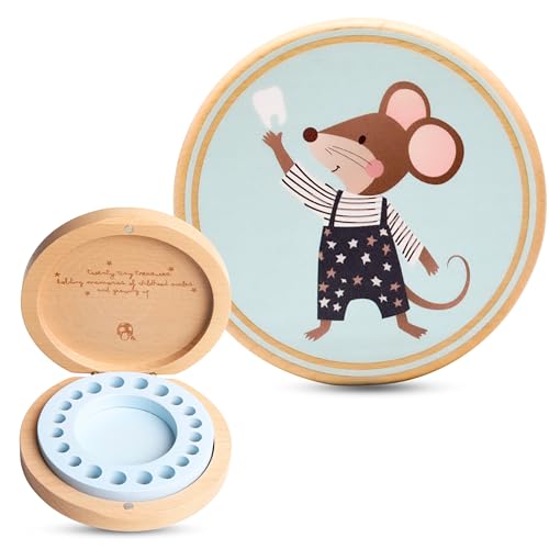 Little Shroomie Baby Tooth Keepsake Box – Wooden Beechwood Tooth Fairy Holder & Memory Capsule for First Tooth, Curl & Umbilical Cord – Unisex Boys & Girls Shower Gift Registry Must-Have (Blue)