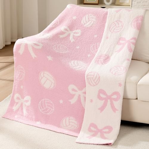Hillsuren Volleyball Bow Blanket for Teen Girls Reversible Coquettish Bow Sport Cute Soft Flannel Throw Blanket 50 x 60 in Washable Aesthetic Fuzzy Fleece Throw for Couch Sofa Bed Decor Gift