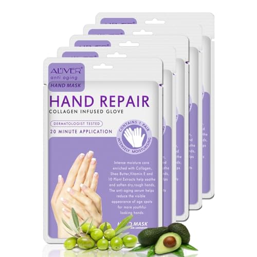 P-Beauty - Mascarilla de mano (5 pares, lavanda, guantes hidratantes para manos, colágeno y vitaminas, para manos agrietadas, secas y ásperas, crema de manos y crema nutritiva, antienvejecimiento)