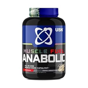 USN Muscle Fuel Anabolic All-In-One Muscle Mass Gainer, Cookies & Cream Flavour – 2kg, 54g Protein Powder, 5g Creatine Powder & 5g BCAAs For Maximum Muscle Growth, Post Workout Recovery Drink Mix
