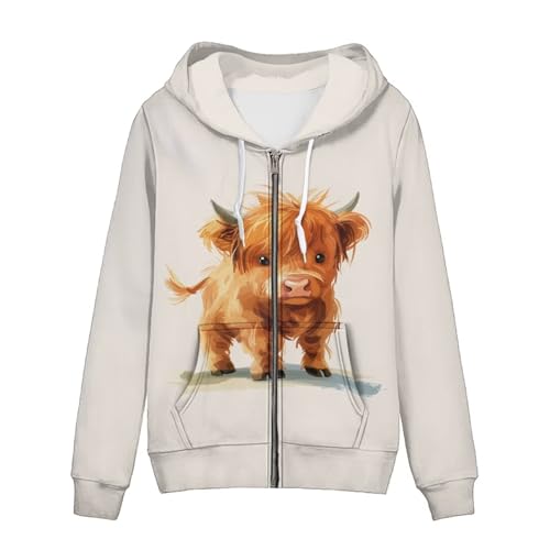 Image of TOFRIMADE Zip Up Hoodie Women Oversize Hooded Sweatshirt, Causal Pullover Cardigan Drawstring Hoodies with Pockets, Little Highland Cow, XXL