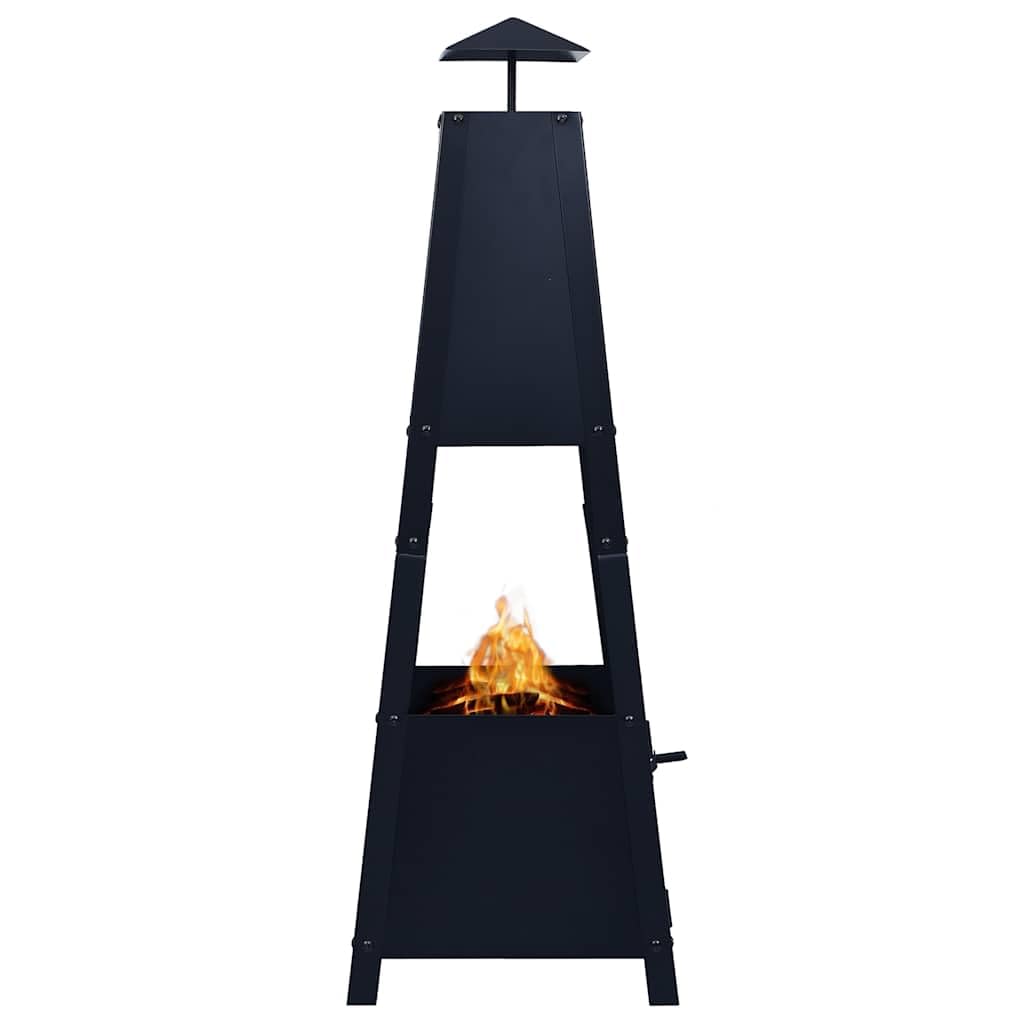 Feuerstelle Pyramide für den Garten, 35 x 35 x 99 cm, Feuerkorb aus pulverbeschichtetem Stahl mit Feuerhaken und Tragegriff, Schwarz
