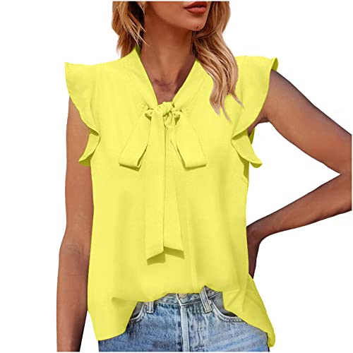 Camisole sans manches à volants déchiré pour femme - Débardeur uni vieilli - T-shirt pour fille - ZO, jaune, XXL