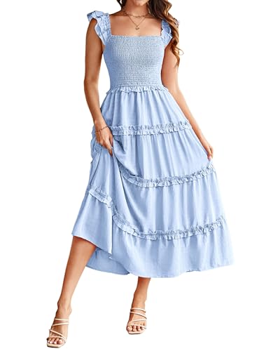 Kleid Damen Elegant Gesmokte Träger Lang A Linie Rockabilly Boho Kleid für Strand Urlaub CLK028-6/Hellblau XXL