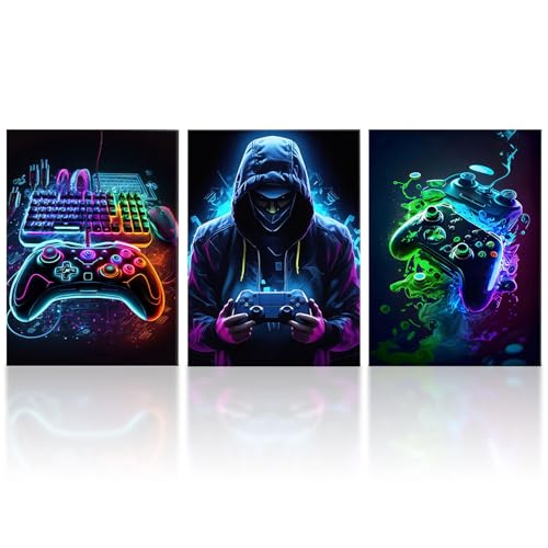 milaosk Ensemble de 3 Œuvres Murales de Style Néon Gaming Sur le Thème du Jeu Vidéo Manettes de Jeu Décoratifs Poster Gamer Deco Chambre Garcon Adolescent...