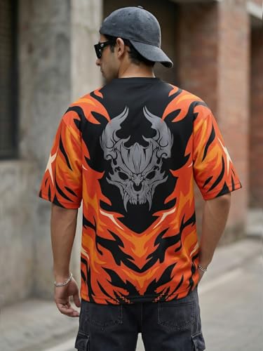 Image of LEOTUDE Men's Fire Flame and Skull Graphic Printed Oversized Polyester
