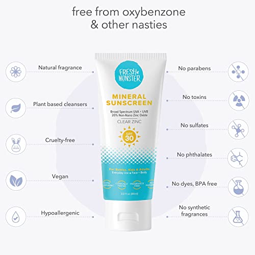 Fresh Monster Daily Kids Sunscreen, Spf 30 Uva/Uvb, Clear Non-Nano Zinc Oxide Mineral Sunscreen, Face & Body Sunscreen, Reef Safe, Hypoallergenic Sunscreen For Kids #TOP3
