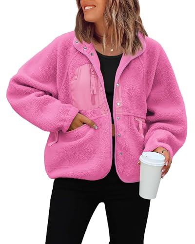 ReachMe Womens Sherpa Jacket Casual Lapel Button Down Cropped Fuzzy Fleece Jackets Long Sleeve Winter Coats with Pockets(Hot Pink,S)