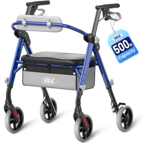 Image of VOCIC Z11 Rollator Walkers for Seniors with Seat, 500 LBS Load, Ultra Wide | High-capacity support, 23 inch wide frame, ergonomic seat, dual brakes, and slim fold for home, shopping & daily walks, Blue