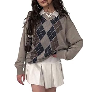 FeMereina Women´s Oversized Knit Sweater Argyle Preppy Sweater Tops Y2K Pullover Jumper for Teen Girls Streetwear
