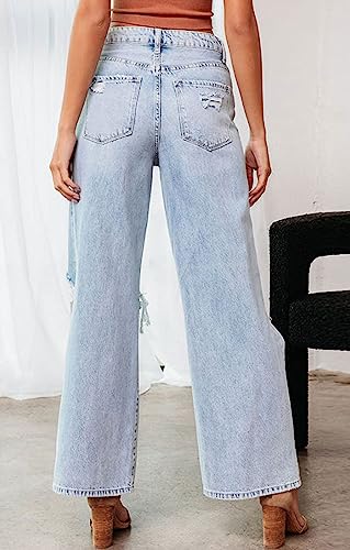 CHARTOU Women Casual Ripped Jeans Distressed Wide Leg Flared Jeans with Holes Destroyed Denim Pants3