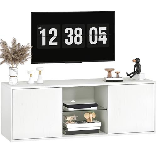 HOMCOM Mobile Porta TV fino a 55", Mobiletto TV Sospeso o a Terra da 120 cm con Ante Soft Close, Foro Passacavi e Ripiano in Vetro, per Soggiorno e Salotto, Bianco Effetto Legno