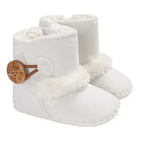 Infant Girls Booties Warm Winter Anti-Skid Slip-on Outdoor Snow Boots Fur Lined Button Flat Shoes (6~12 Month, White)