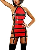 Schwarz/rotes Kleid Scandalous mit Strumpfhaltern. Für das Material wurde ein roter Lack-Stoff, schwarzes Lederimitat und breite Gummibänder gewählt. Die oberen Bänder lassen sich einfach über einen Klettverschluss öffnen. Die Strümpfe gehören nicht mit zum Lieferumfang. Bitte separat bestellen! Der Artikel ist in einer Hochglanzbox verpackt. Farbe: schwarz/rot. Größe: S/M (32-36), L/XL (38-40).