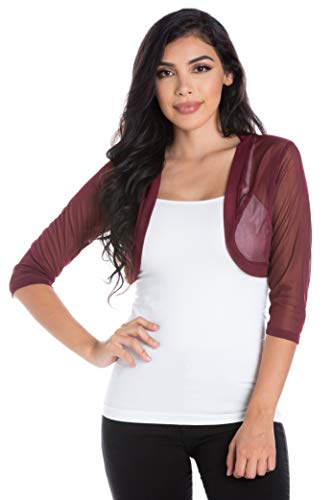 Image of Fashion Secrets Junior`s Sheer Chiffon Bolero Shrug Jacket Cardigan 3 /4 Sleeve (X Small, Burgundy /Wine)