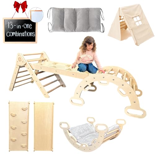 Image of 13-in-1 Pikler Triangle Set with Tent, Cushion, Blackboard, Whiteboard — Indoor Playground Jungle Gym, Toddler Montessori Toys, Wooden Baby Toys