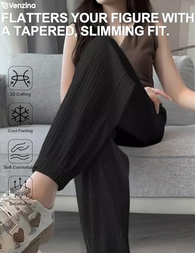 Image of Venzina Track Pants for Women Joggers Pants for Women 5C Ice Silk Cooling Tapered Slimming Ankle Pants with Elastic Waistband for Gym Workout Running Travel