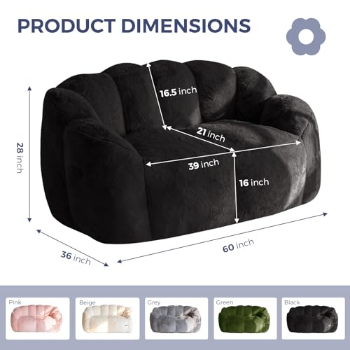 Image of MAXYOYO Bean Bag Chair for Adults, Loveseat Floral Shaped Bean Bag Sofa, Ultra Soft Love Seat Mini Sofa Couch, Faux Fur Reading Chair for Living Room Bedroom, Black
