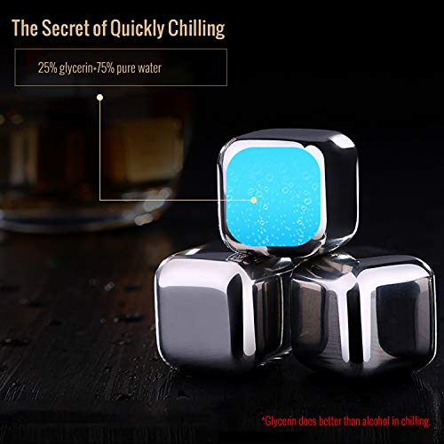 Loijon Cubo de gelo em aço inoxidável 304 Conjunto de 4 pedras de resfriamento reutilizáveis com cai