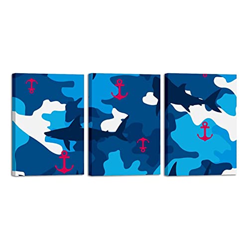 Requin bleu camo tableau triptyque marine déco murale moderne