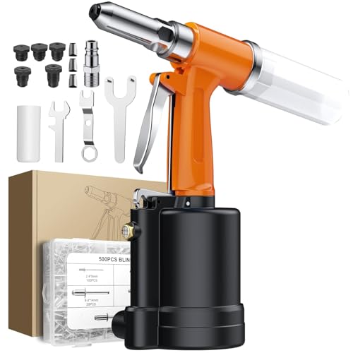 AUTOUTLET Kit Pistola Pneumatica per Rivetti con 5 Pezzi Mandrini 2,4 mm-6,4 mm e 500 Pezzi Rivetti,Rivettatrice Professionale ad Aria Compressa per Lamiere di Alluminio, Ferro, Acciaio Inox