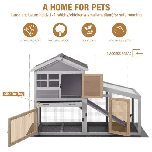 GUTINNEEN Rabbit Hutch for Outdoor Indoor Use, Bunny Cage with PVC Layer and Bottom Wire Netting, Wooden Chicken Coop Rabbit House with UV Roof, Leakproof Tray, Run - Image 4